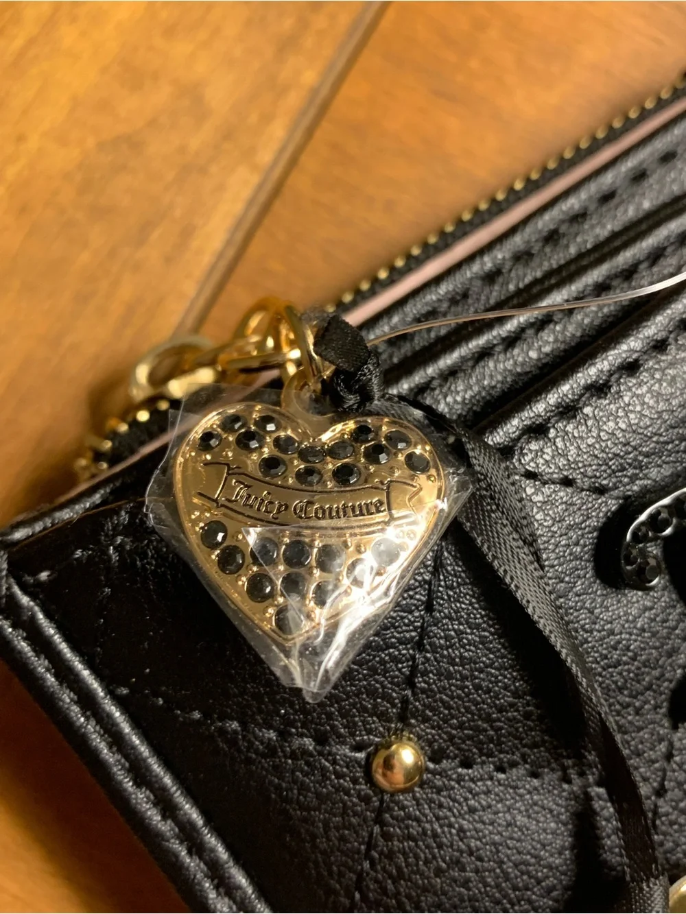 Juicy Couture Black Quilted Wallet with Gold Studs, Gold Heart Zipper Charm